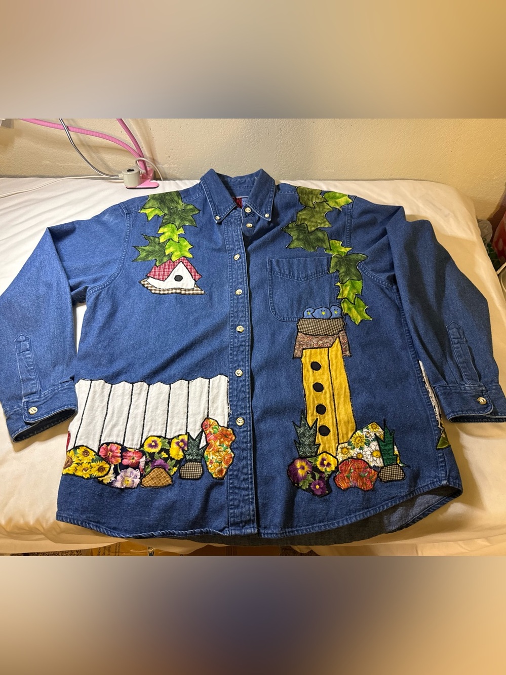Women’s Denim Art Shirt with Floral and Birdhouse Appliqué - Blue